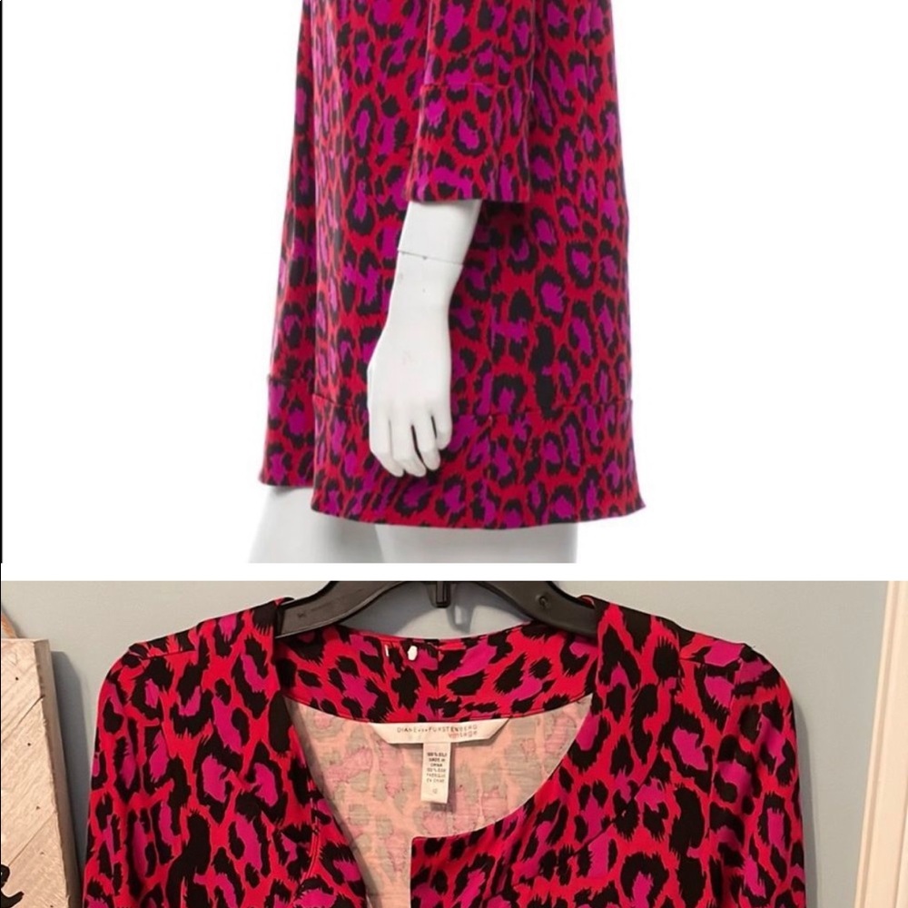 DIANE VON FURSTENBERG GABY LEOPARD RED/PINK/BLACK TUNIC SILK DRESS - 10 - Picture 3 of 5